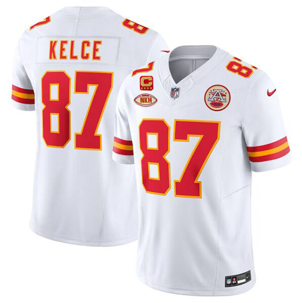 Men’s Kansas City Chiefs #87 Travis Kelce White 2024 F.U.S.E. With "NKH" Patch And 4-star C Patch Vapor Untouchable Limited Stitched Jersey Men’s Kansas City Chiefs #87 Travis Kelce White 2024 F.U.S.E. With "NKH" Patch And 4-star C Patch Vapor Untouchable Limited Stitched Jersey
